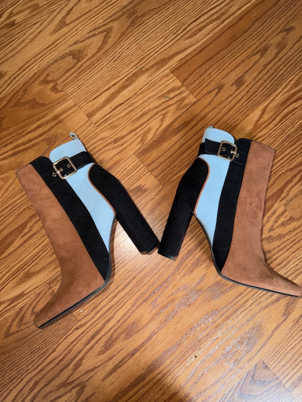 JustFab Colorblock Suede Ankle Boots in Brown, Black & Light Blue